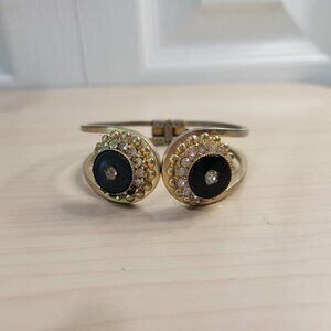 Vintage 1960s Onyx Rhinestone Round Gold Hinged Bangle Bracelet, Missing Stones